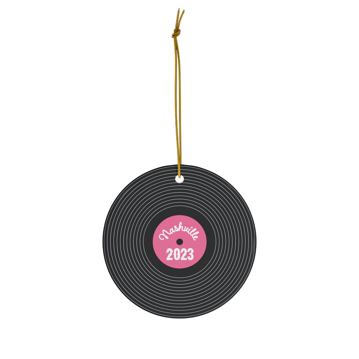 Vibrant pink Nashville 2023 Music Record Ornament with retro record label design