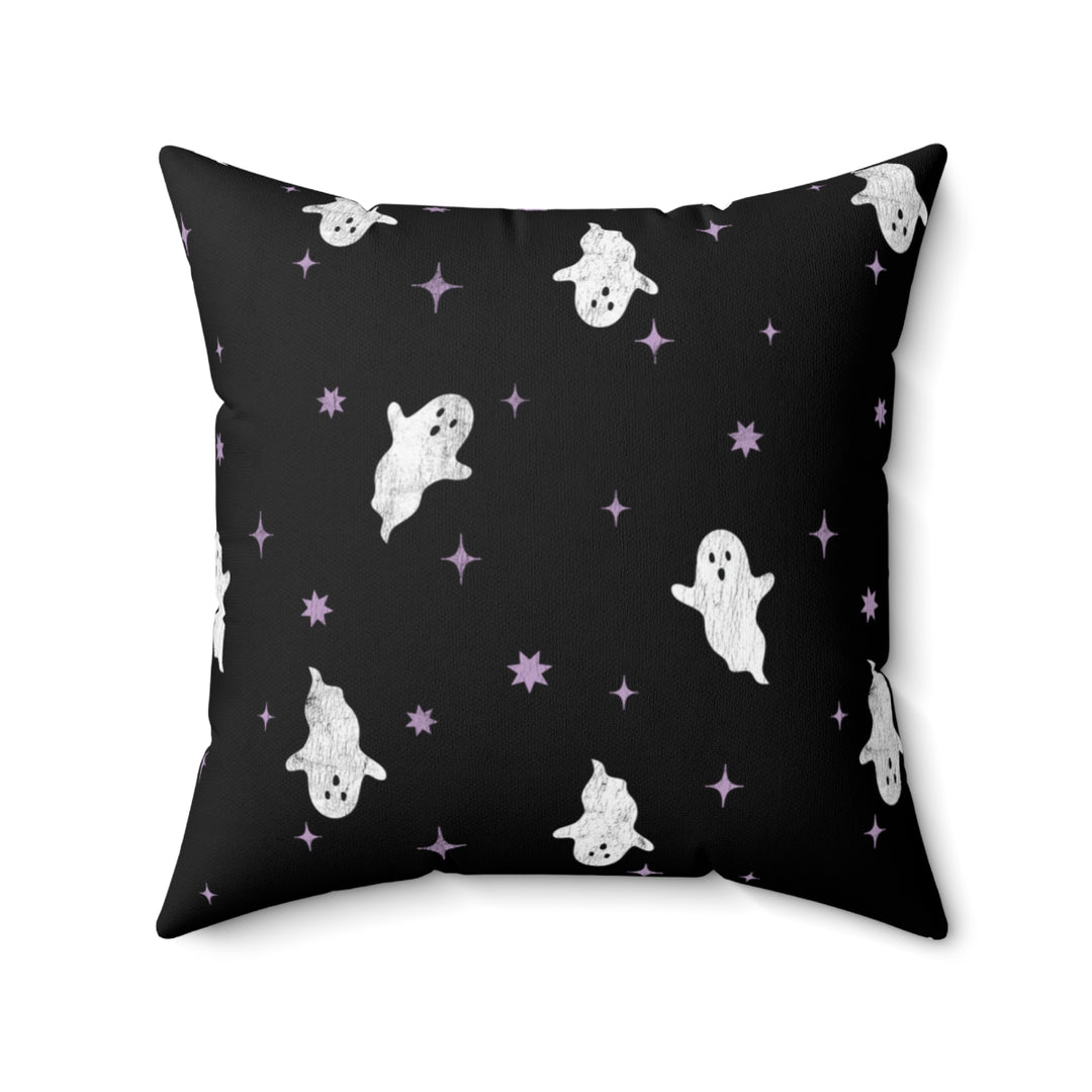 Halloween-themed graphic pillow cover featuring vibrant designs like candy corn, jack-o-lanterns, spooky cats, skeletons, and skulls, made from soft spun polyester for festive seasonal decor.