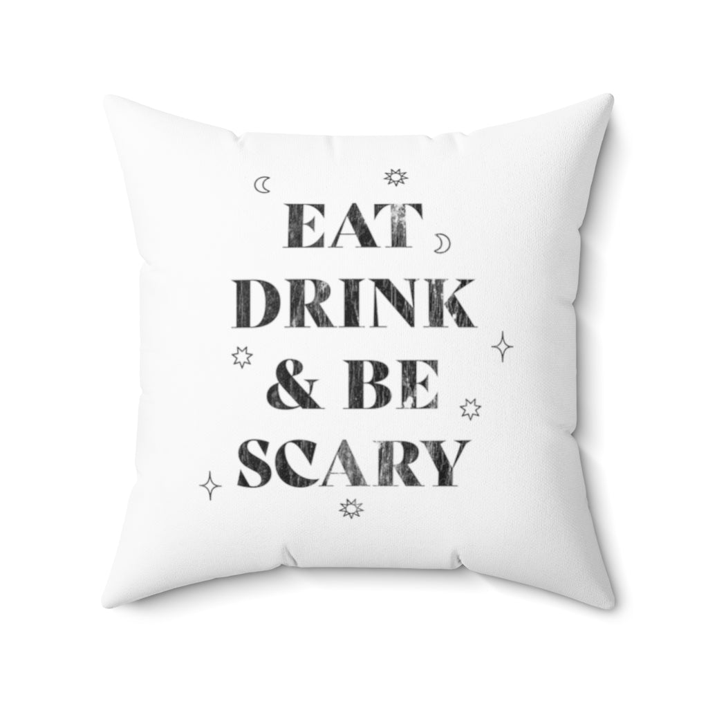 Halloween graphic pillow covers with spooky designs like jack-o-lanterns, skeletons, and spooky cats. Made from spun polyester, double-sided, and made-to-order for Halloween decor.