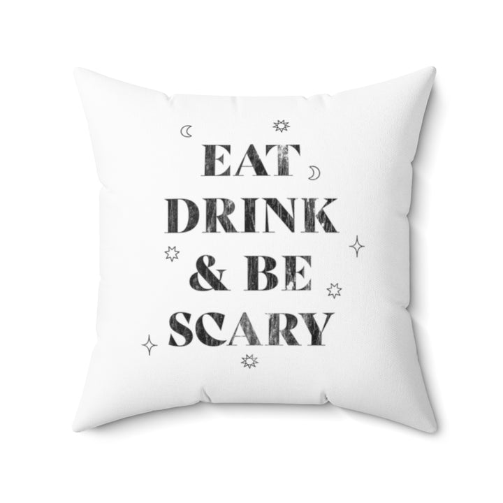 Halloween graphic pillow covers with spooky designs like jack-o-lanterns, skeletons, and spooky cats. Made from spun polyester, double-sided, and made-to-order for Halloween decor.