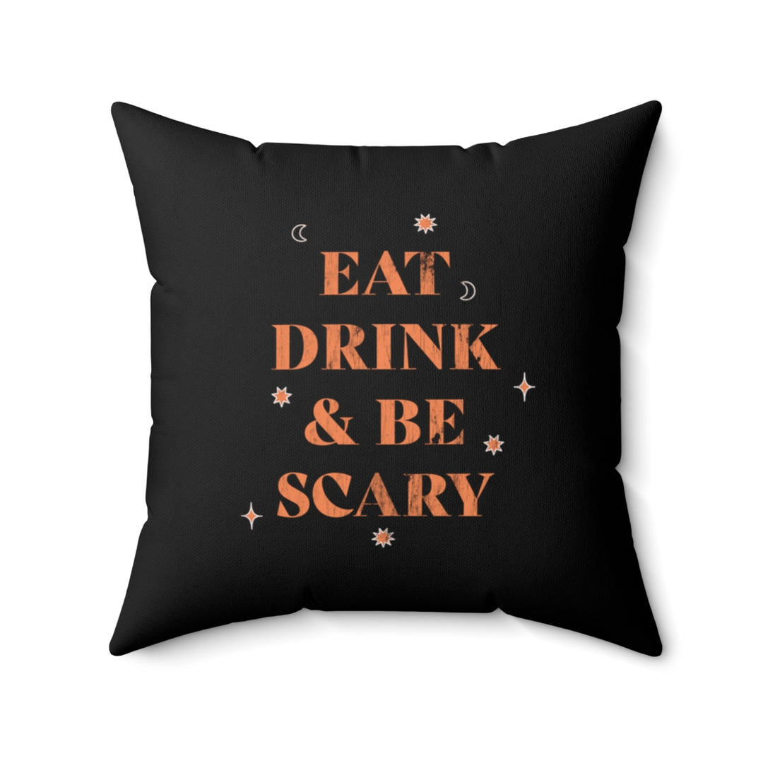 Halloween-themed graphic pillow cover featuring vibrant designs like jack-o-lanterns, spooky cats, skeletons, and skulls, made from soft spun polyester for festive seasonal decor.