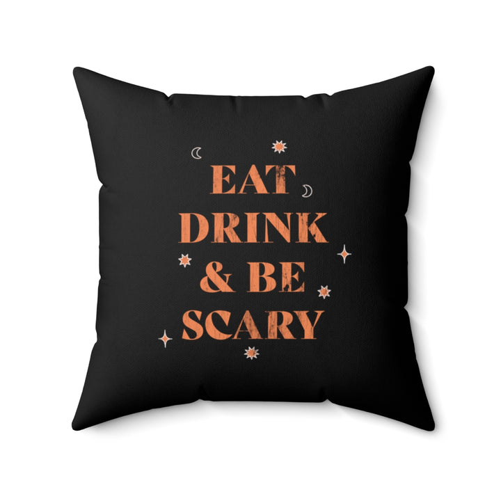Halloween-themed graphic pillow cover featuring vibrant designs like jack-o-lanterns, spooky cats, skeletons, and skulls, made from soft spun polyester for festive seasonal decor.