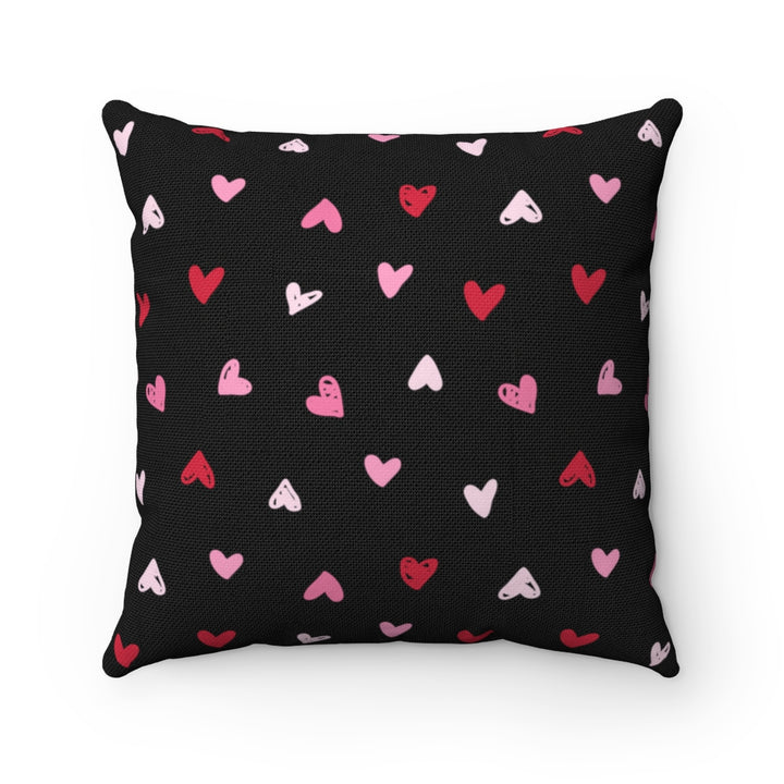 Valentine’s Day pillow cover with pink, red, and white plaid and heart-shaped graphics, perfect for seasonal home decor.