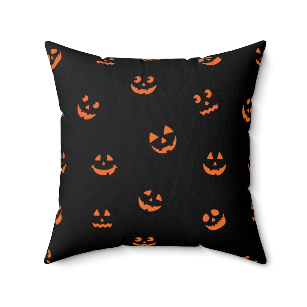 Halloween-themed graphic pillow cover featuring vibrant designs like jack-o-lanterns, spooky cats, skeletons, and skulls, made from soft spun polyester for festive seasonal decor.