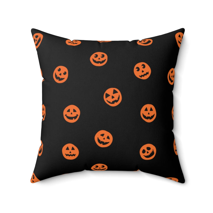 Halloween-themed graphic pillow cover featuring vibrant designs like jack-o-lanterns, spooky cats, skeletons, and skulls, made from soft spun polyester for festive seasonal decor.