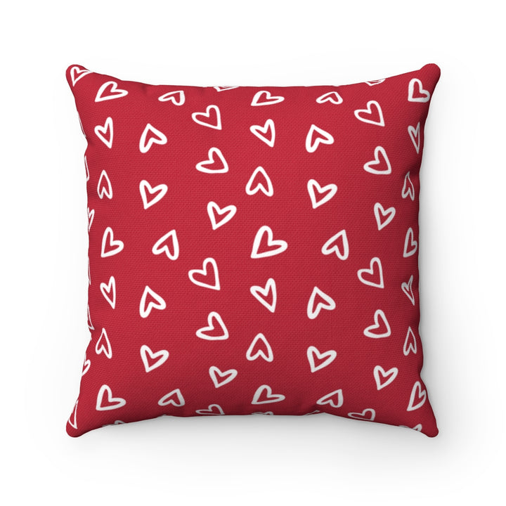 Valentine’s Day pillow cover with pink, red, and white plaid and heart-shaped graphics, perfect for seasonal home decor.