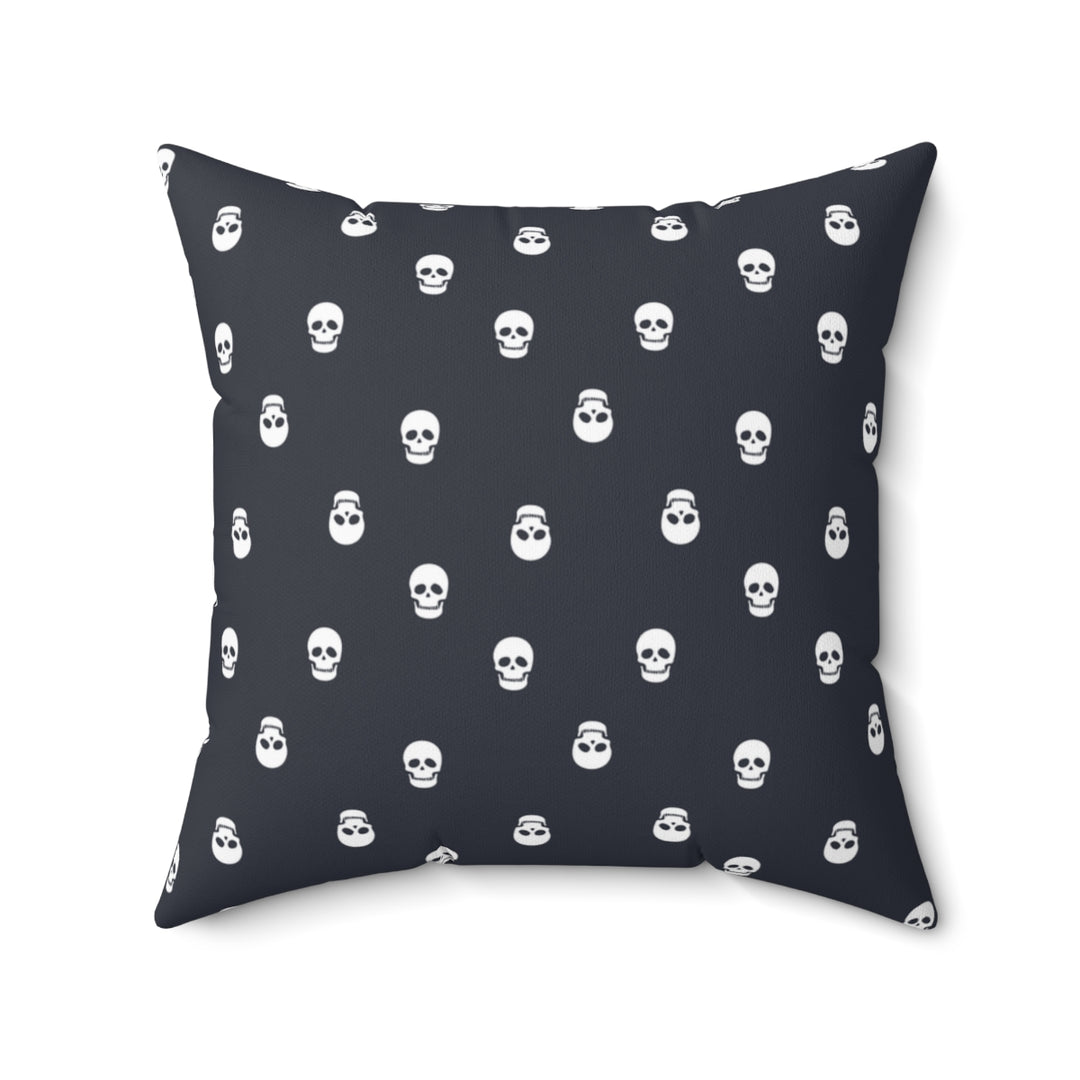 Halloween-themed graphic pillow cover featuring vibrant designs like jack-o-lanterns, spooky cats, skeletons, and skulls, made from soft spun polyester for festive seasonal decor.