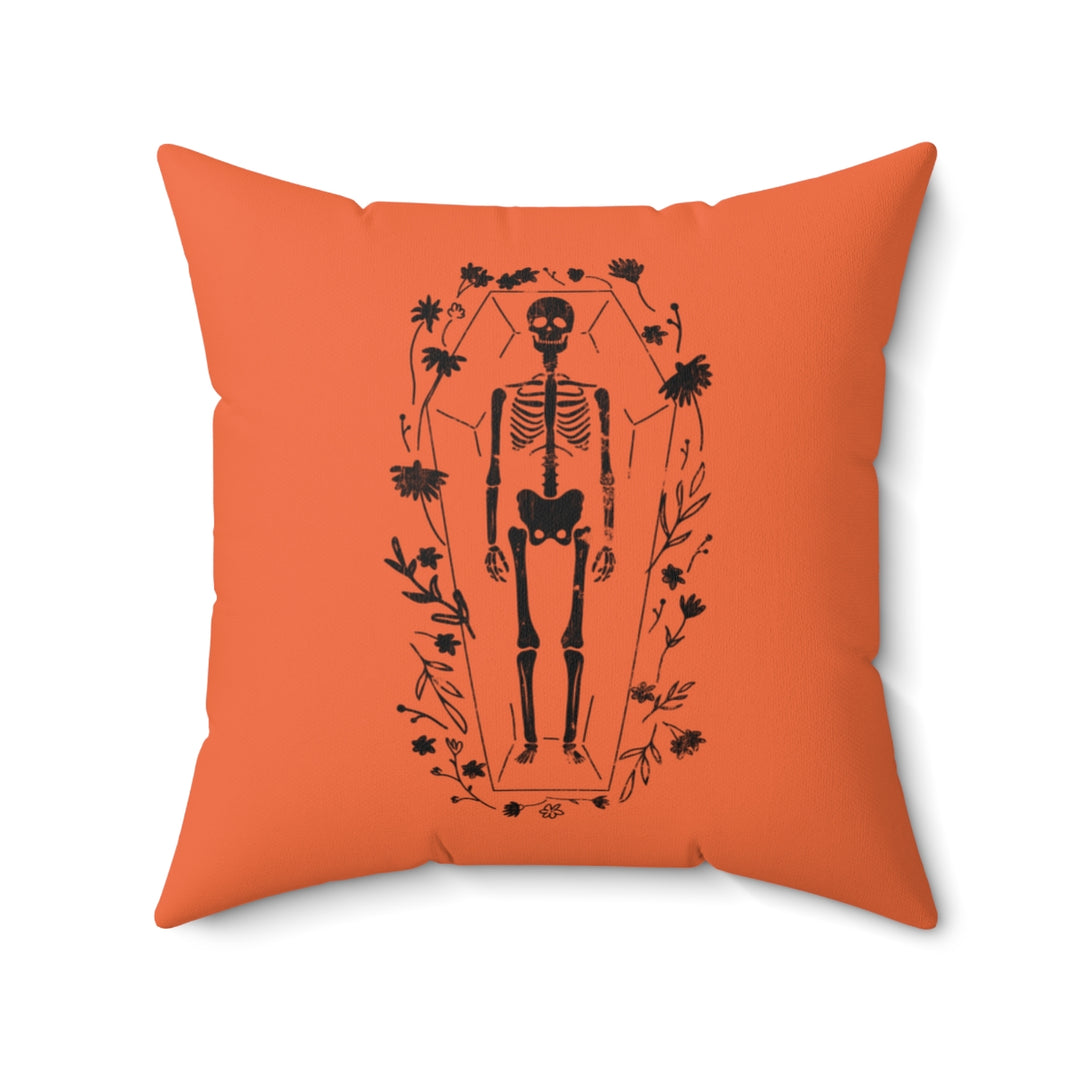 Halloween-themed graphic pillow cover featuring vibrant designs like jack-o-lanterns, spooky cats, skeletons, and skulls, made from soft spun polyester for festive seasonal decor.