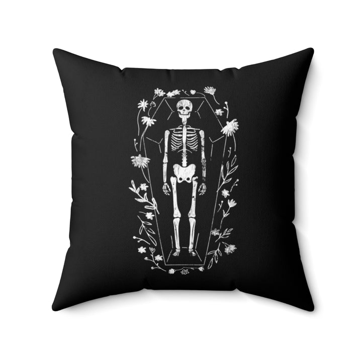 Halloween-themed graphic pillow cover featuring vibrant designs like jack-o-lanterns, spooky cats, skeletons, and skulls, made from soft spun polyester for festive seasonal decor.