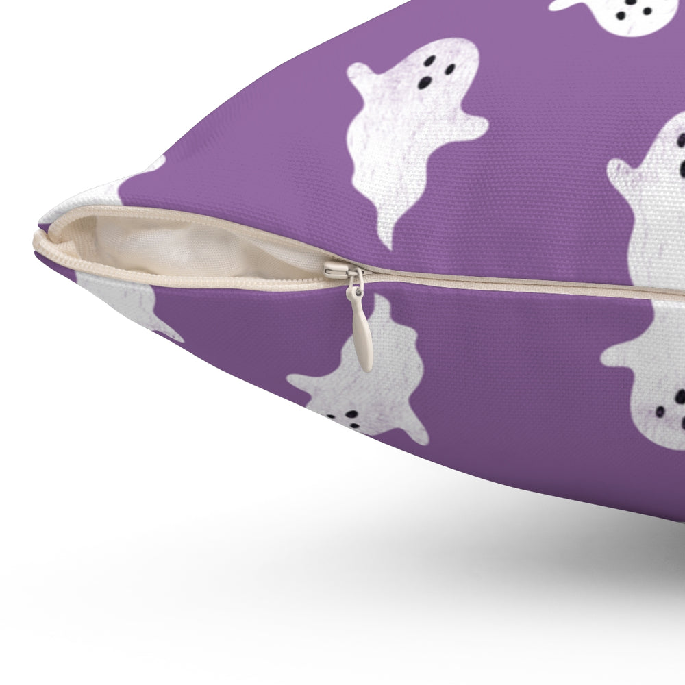 Halloween-themed graphic pillow cover featuring vibrant designs like jack-o-lanterns, spooky cats, skeletons, and skulls, made from soft spun polyester for festive seasonal decor.