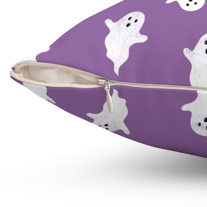 Halloween-themed graphic pillow cover featuring vibrant designs like jack-o-lanterns, spooky cats, skeletons, and skulls, made from soft spun polyester for festive seasonal decor.