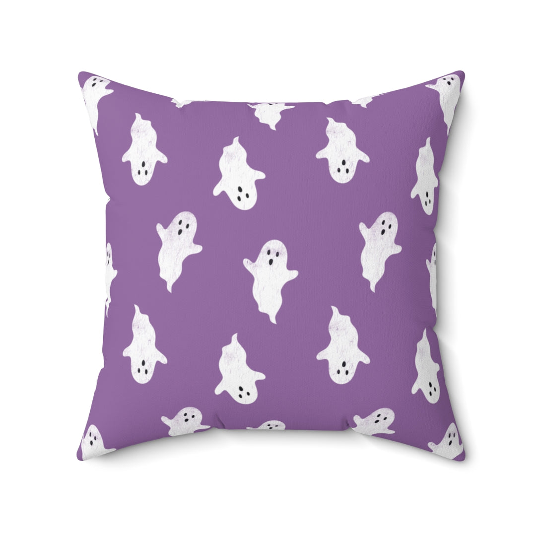Halloween-themed graphic pillow cover featuring vibrant designs like jack-o-lanterns, spooky cats, skeletons, and skulls, made from soft spun polyester for festive seasonal decor.