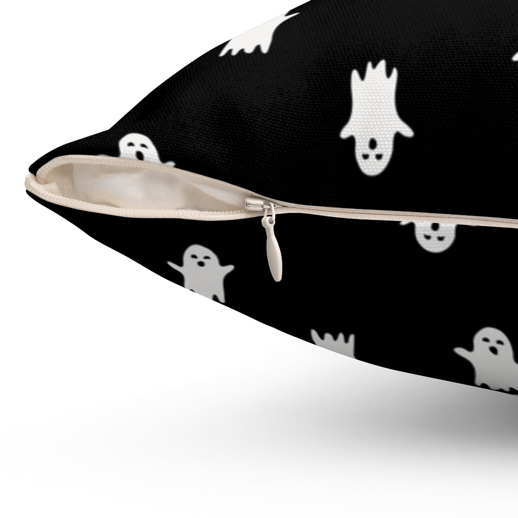 Halloween-themed graphic pillow cover featuring vibrant designs like jack-o-lanterns, spooky cats, skeletons, and skulls, made from soft spun polyester for festive seasonal decor.