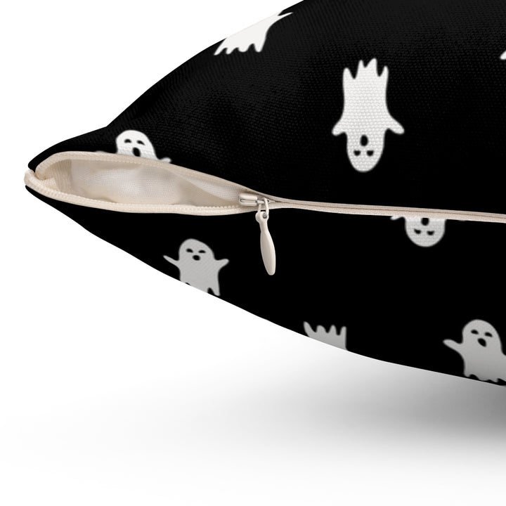 Halloween-themed graphic pillow cover featuring vibrant designs like jack-o-lanterns, spooky cats, skeletons, and skulls, made from soft spun polyester for festive seasonal decor.