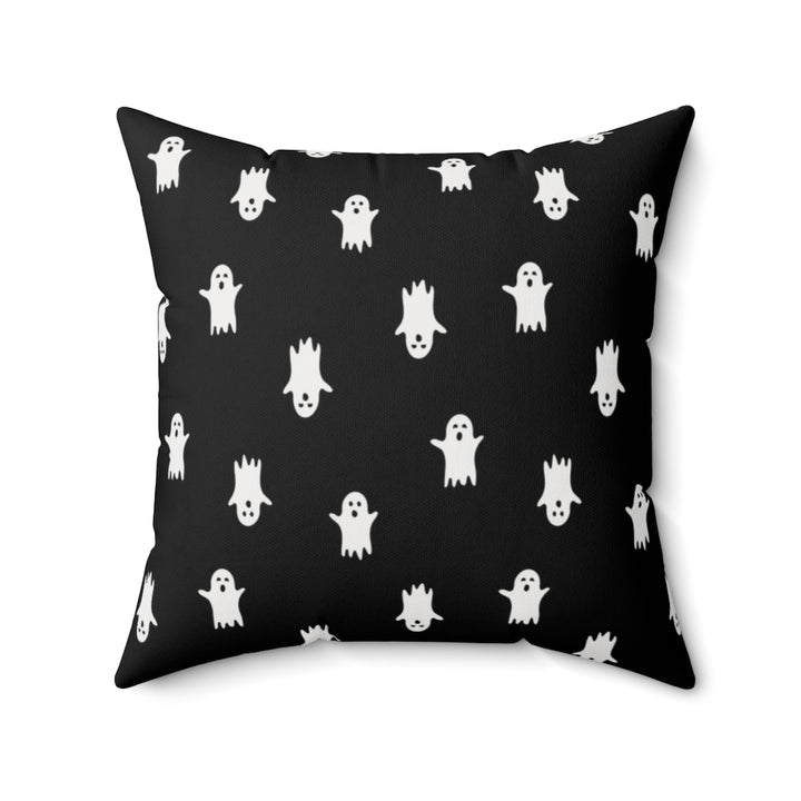 Halloween-themed graphic pillow cover featuring vibrant designs like jack-o-lanterns, spooky cats, skeletons, and skulls, made from soft spun polyester for festive seasonal decor.