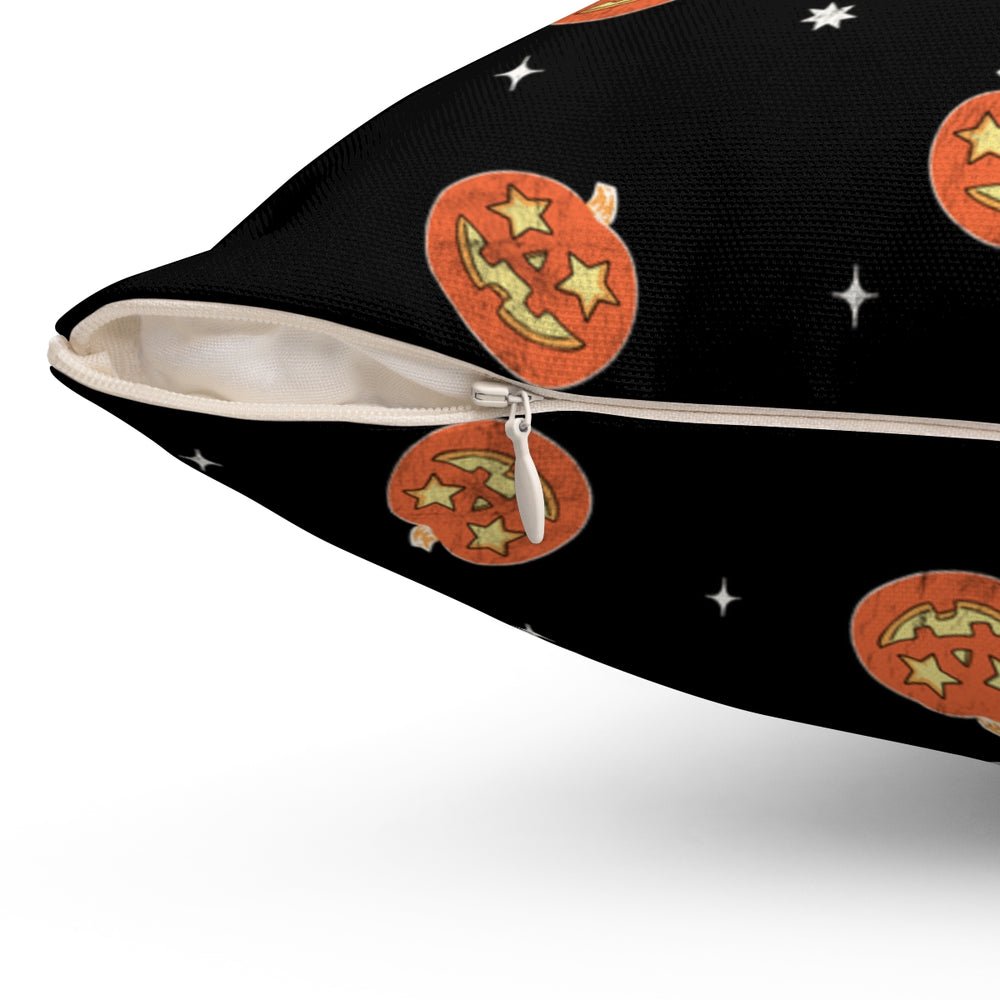 Halloween-themed graphic pillow cover featuring vibrant designs like jack-o-lanterns, spooky cats, skeletons, and skulls, made from soft spun polyester for festive seasonal decor.
