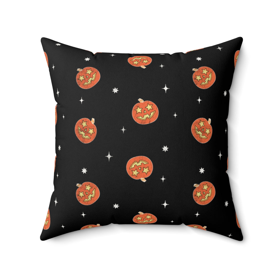 Halloween-themed graphic pillow cover featuring vibrant designs like jack-o-lanterns, spooky cats, skeletons, and skulls, made from soft spun polyester for festive seasonal decor.