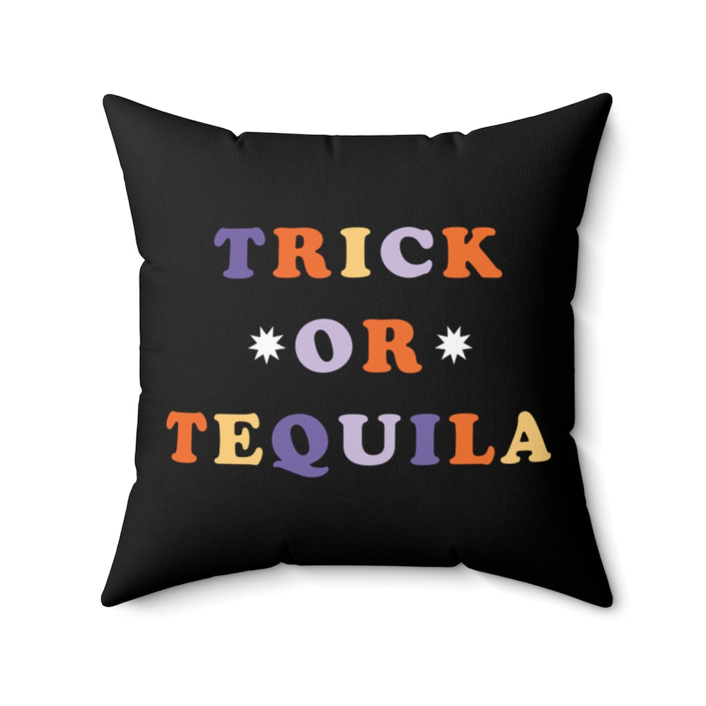 Halloween-themed graphic pillow cover featuring vibrant designs like jack-o-lanterns, spooky cats, skeletons, and skulls, made from soft spun polyester for festive seasonal decor.