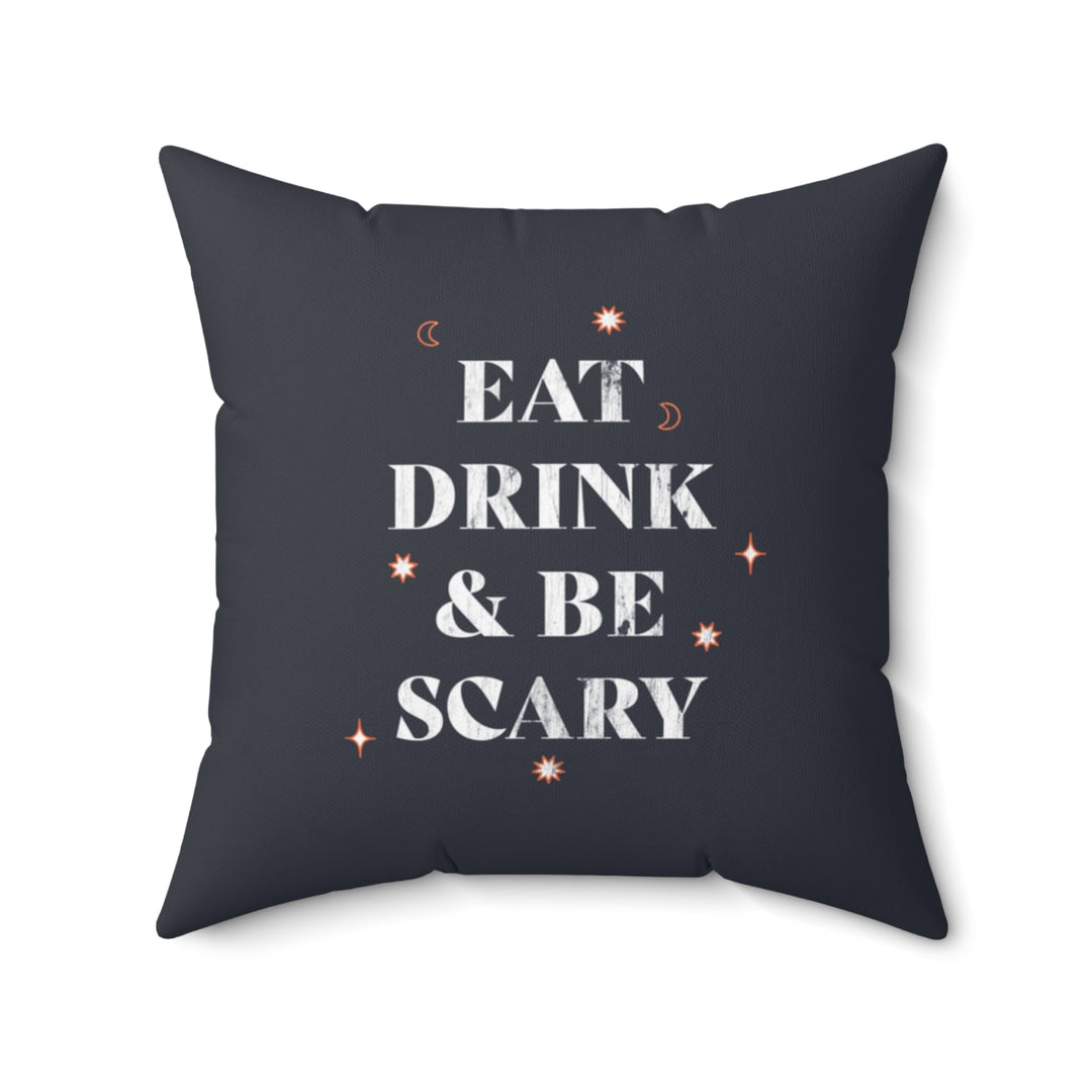 Halloween-themed graphic pillow cover featuring vibrant designs like jack-o-lanterns, spooky cats, skeletons, and skulls, made from soft spun polyester for festive seasonal decor.