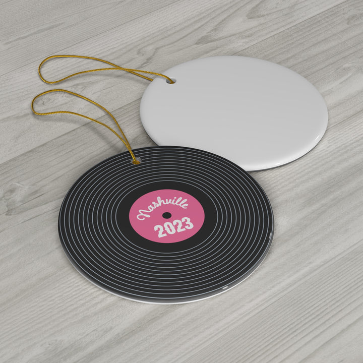 Close-up of Nashville 2023 Music Record Ornament for small space decorating
