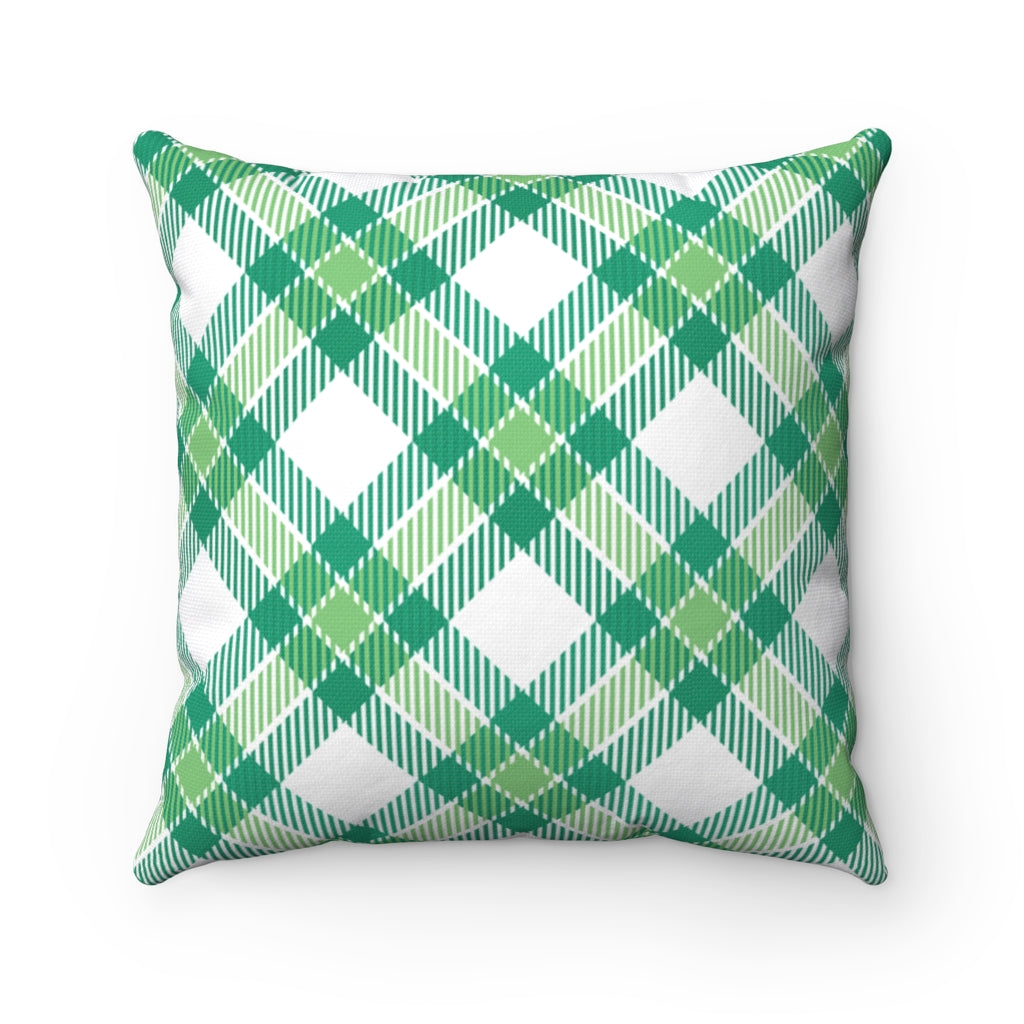 St. Patrick’s Day pillow cover with plaid patterns and Irish-themed graphics, available in 14x14, 16x16, 18x18, and 20x20 inches, perfect for seasonal home decor. Zipper closure.