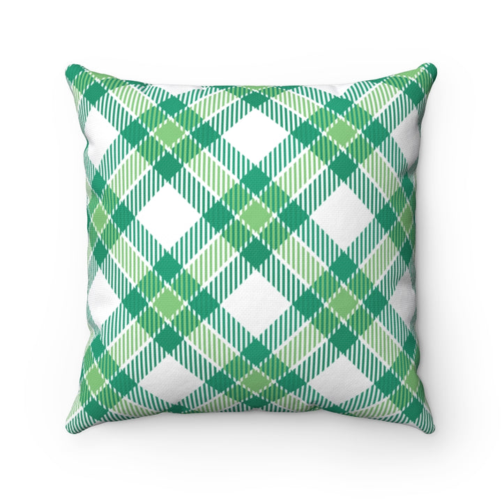 St. Patrick’s Day pillow cover with plaid patterns and Irish-themed graphics, available in 14x14, 16x16, 18x18, and 20x20 inches, perfect for seasonal home decor. Zipper closure.