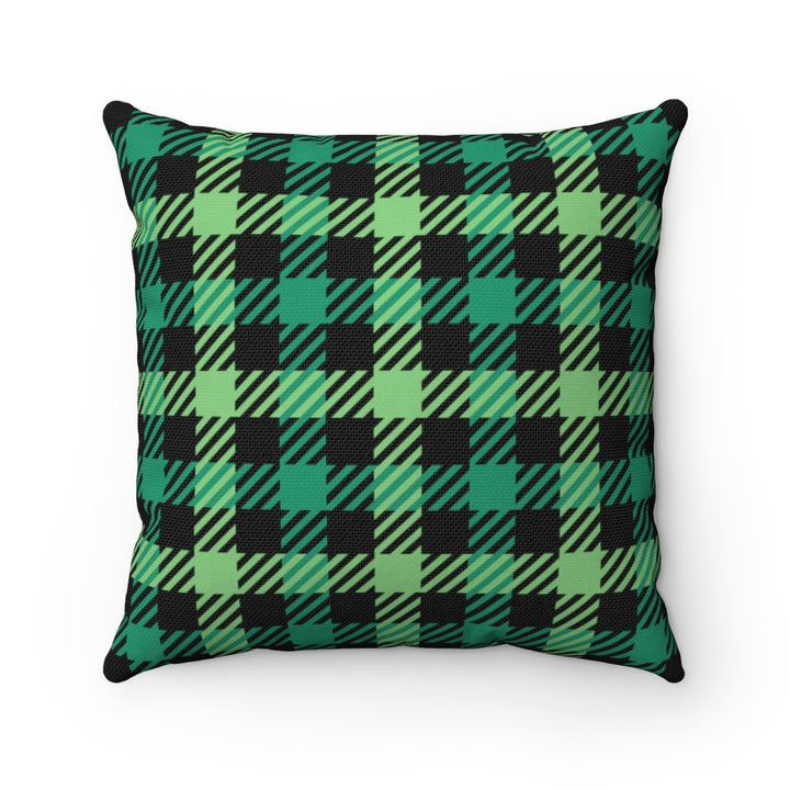 St. Patrick’s Day pillow cover with plaid patterns and Irish-themed graphics, available in 14x14, 16x16, 18x18, and 20x20 inches, perfect for seasonal home decor. Zipper closure.