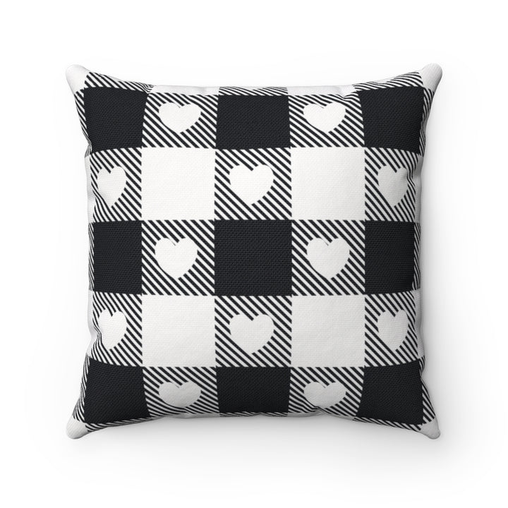 Valentine’s Day pillow cover with pink, red, and white plaid and heart-shaped graphics, perfect for seasonal home decor.