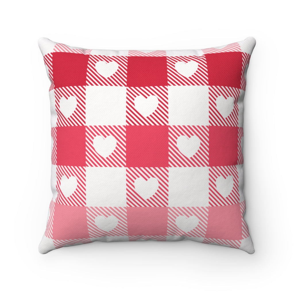 Valentine’s Day pillow cover with pink, red, and white plaid and heart-shaped graphics, perfect for seasonal home decor.