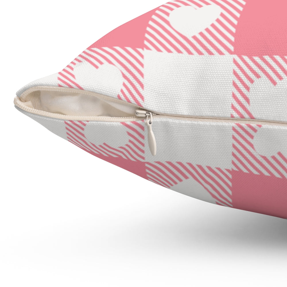 Valentine’s Day pillow cover with pink, red, and white plaid and heart-shaped graphics, perfect for seasonal home decor.