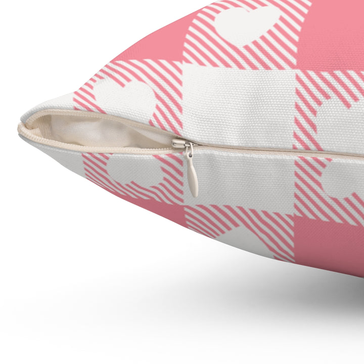 Valentine’s Day pillow cover with pink, red, and white plaid and heart-shaped graphics, perfect for seasonal home decor.
