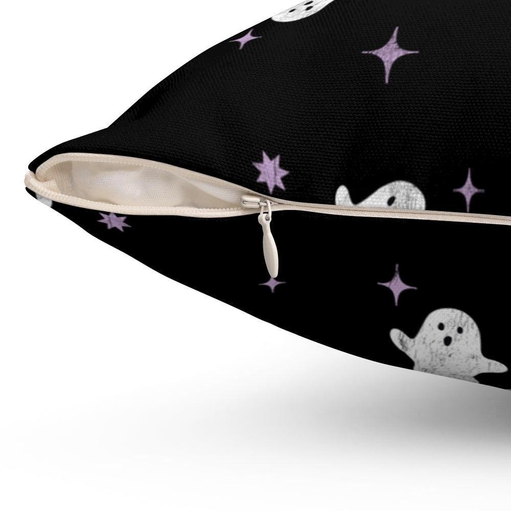 Halloween-themed graphic pillow cover featuring vibrant designs like candy corn, jack-o-lanterns, spooky cats, skeletons, and skulls, made from soft spun polyester for festive seasonal decor.