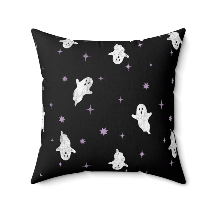 Halloween-themed graphic pillow cover featuring vibrant designs like candy corn, jack-o-lanterns, spooky cats, skeletons, and skulls, made from soft spun polyester for festive seasonal decor.