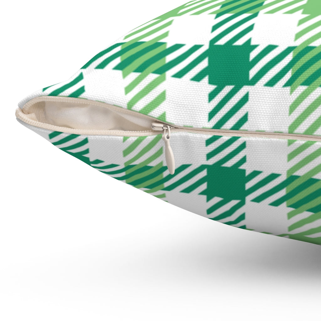 St. Patrick’s Day pillow cover with plaid patterns and Irish-themed graphics, available in 14x14, 16x16, 18x18, and 20x20 inches, perfect for seasonal home decor. Zipper closure.