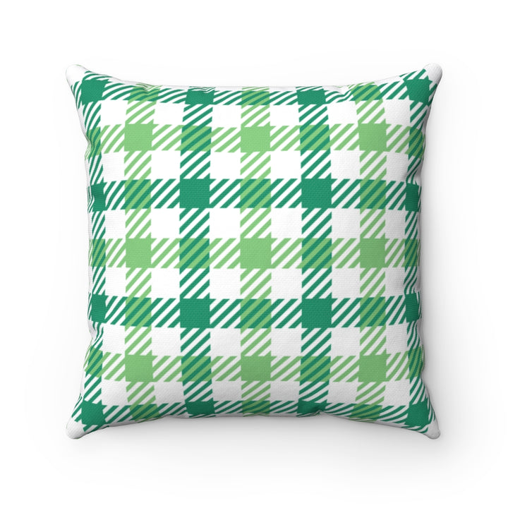 St. Patrick’s Day pillow cover with plaid patterns and Irish-themed graphics, available in 14x14, 16x16, 18x18, and 20x20 inches, perfect for seasonal home decor. Zipper closure.