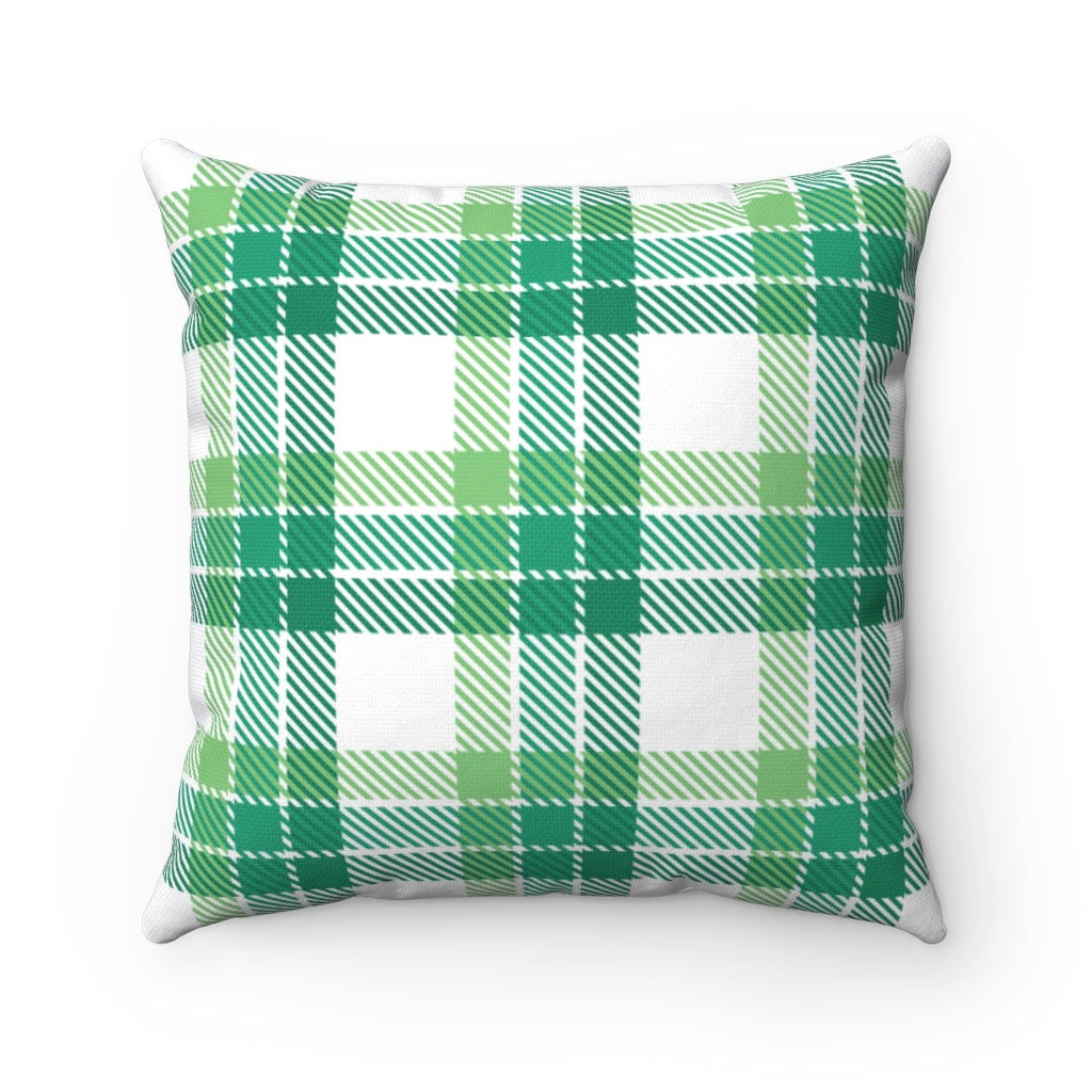 St. Patrick’s Day pillow cover with plaid patterns and Irish-themed graphics, available in 14x14, 16x16, 18x18, and 20x20 inches, perfect for seasonal home decor.