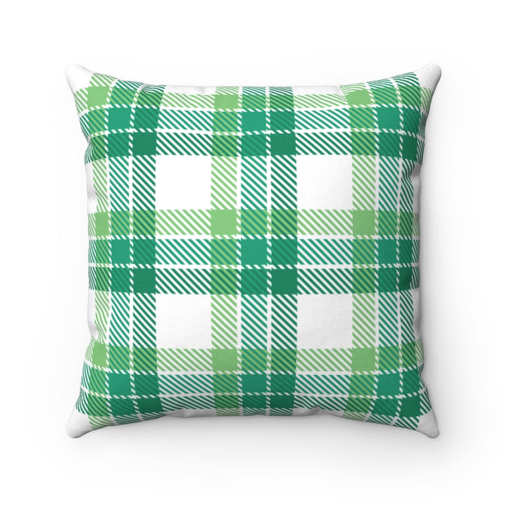 St. Patrick’s Day pillow cover with plaid patterns and Irish-themed graphics, available in 14x14, 16x16, 18x18, and 20x20 inches, perfect for seasonal home decor.