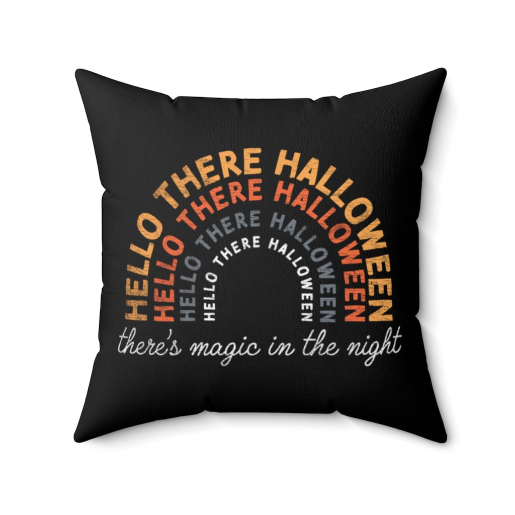 Halloween-themed graphic pillow cover featuring vibrant designs like jack-o-lanterns, spooky cats, skeletons, and skulls, made from soft spun polyester for festive seasonal decor.