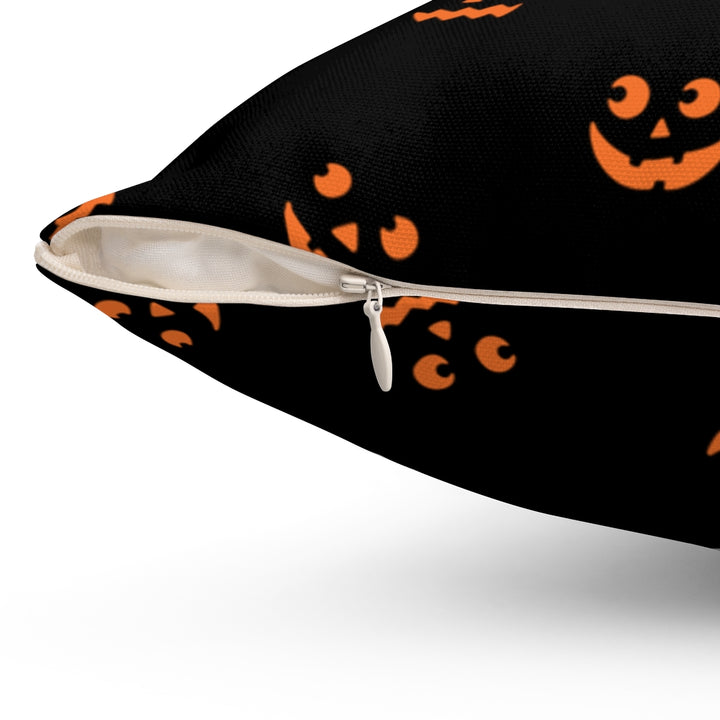 Halloween-themed graphic pillow cover featuring vibrant designs like jack-o-lanterns, spooky cats, skeletons, and skulls, made from soft spun polyester for festive seasonal decor.