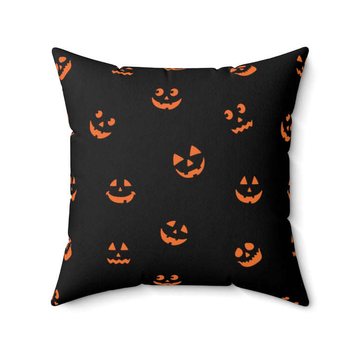 Halloween-themed graphic pillow cover featuring vibrant designs like jack-o-lanterns, spooky cats, skeletons, and skulls, made from soft spun polyester for festive seasonal decor.