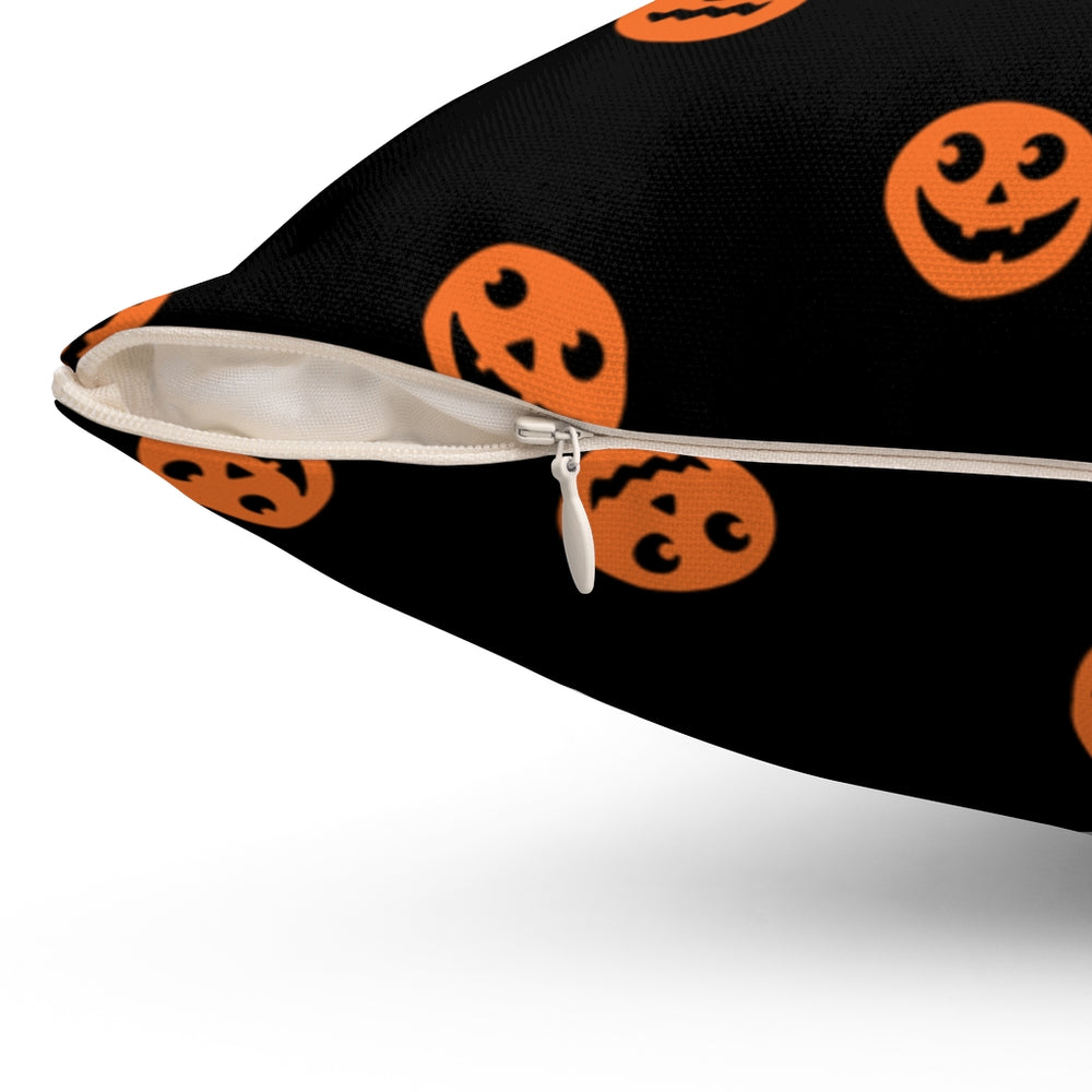 Halloween-themed graphic pillow cover featuring vibrant designs like jack-o-lanterns, spooky cats, skeletons, and skulls, made from soft spun polyester for festive seasonal decor.