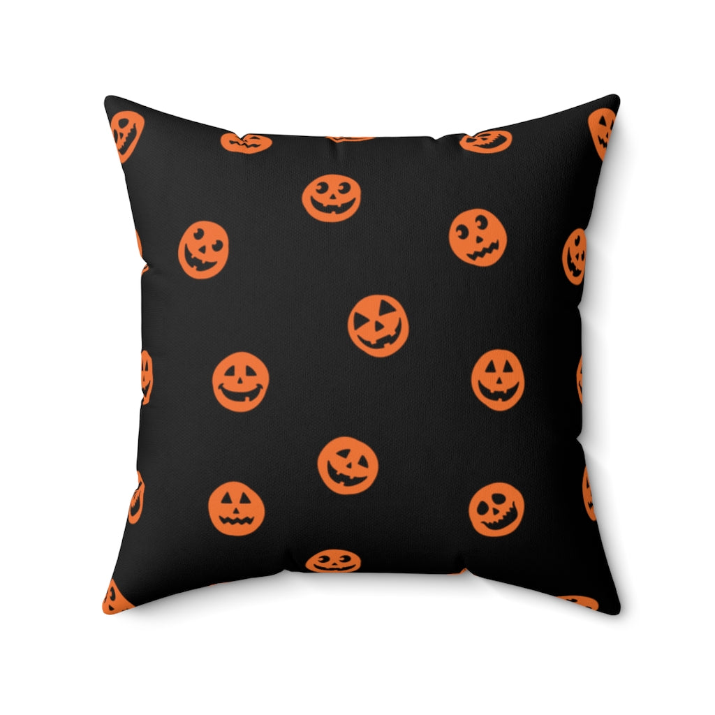 Halloween-themed graphic pillow cover featuring vibrant designs like jack-o-lanterns, spooky cats, skeletons, and skulls, made from soft spun polyester for festive seasonal decor.