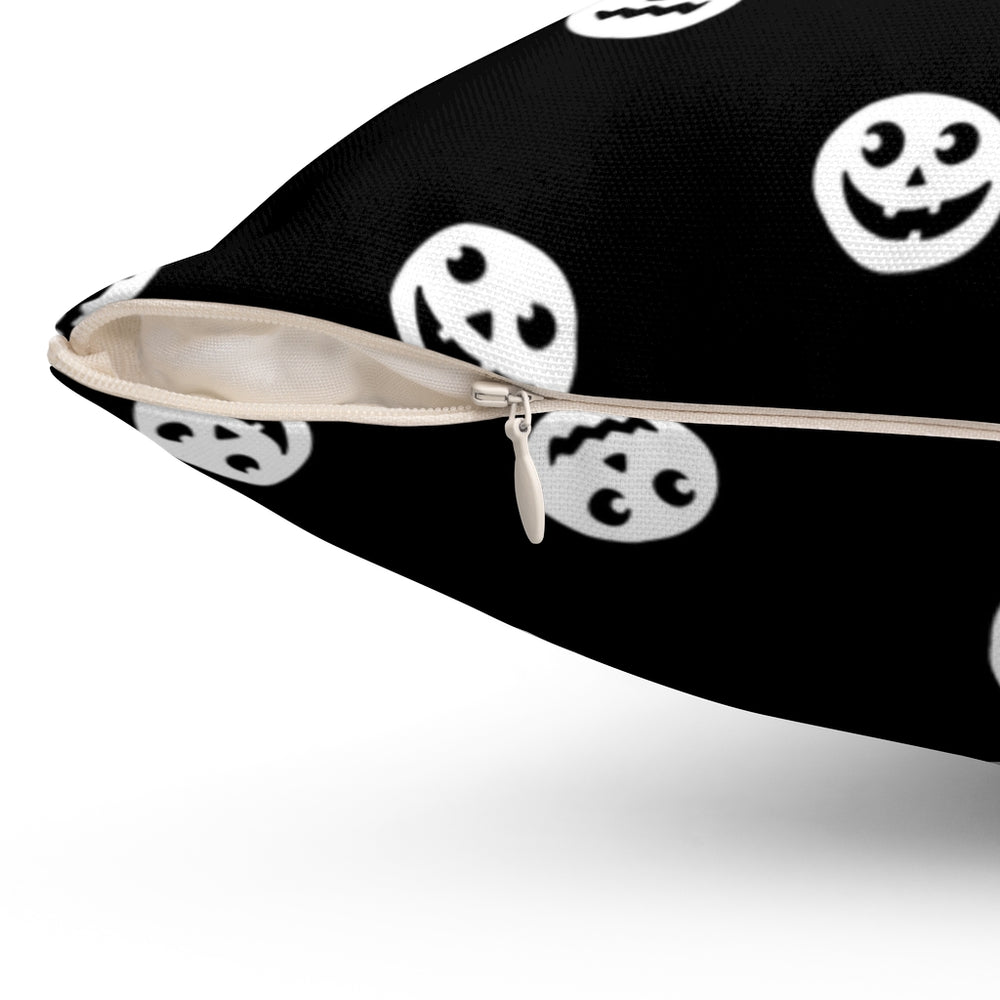 Halloween-themed graphic pillow cover featuring vibrant designs like jack-o-lanterns, spooky cats, skeletons, and skulls, made from soft spun polyester for festive seasonal decor.