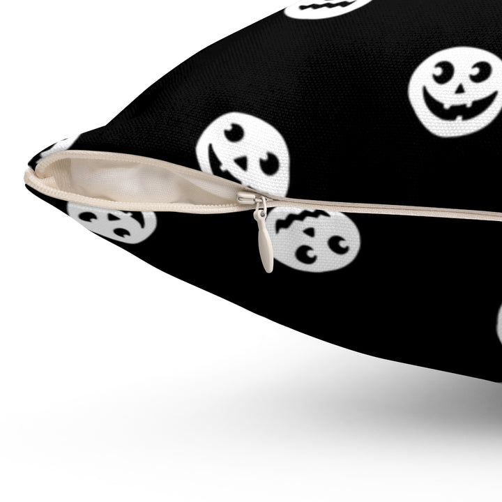 Halloween-themed graphic pillow cover featuring vibrant designs like jack-o-lanterns, spooky cats, skeletons, and skulls, made from soft spun polyester for festive seasonal decor.