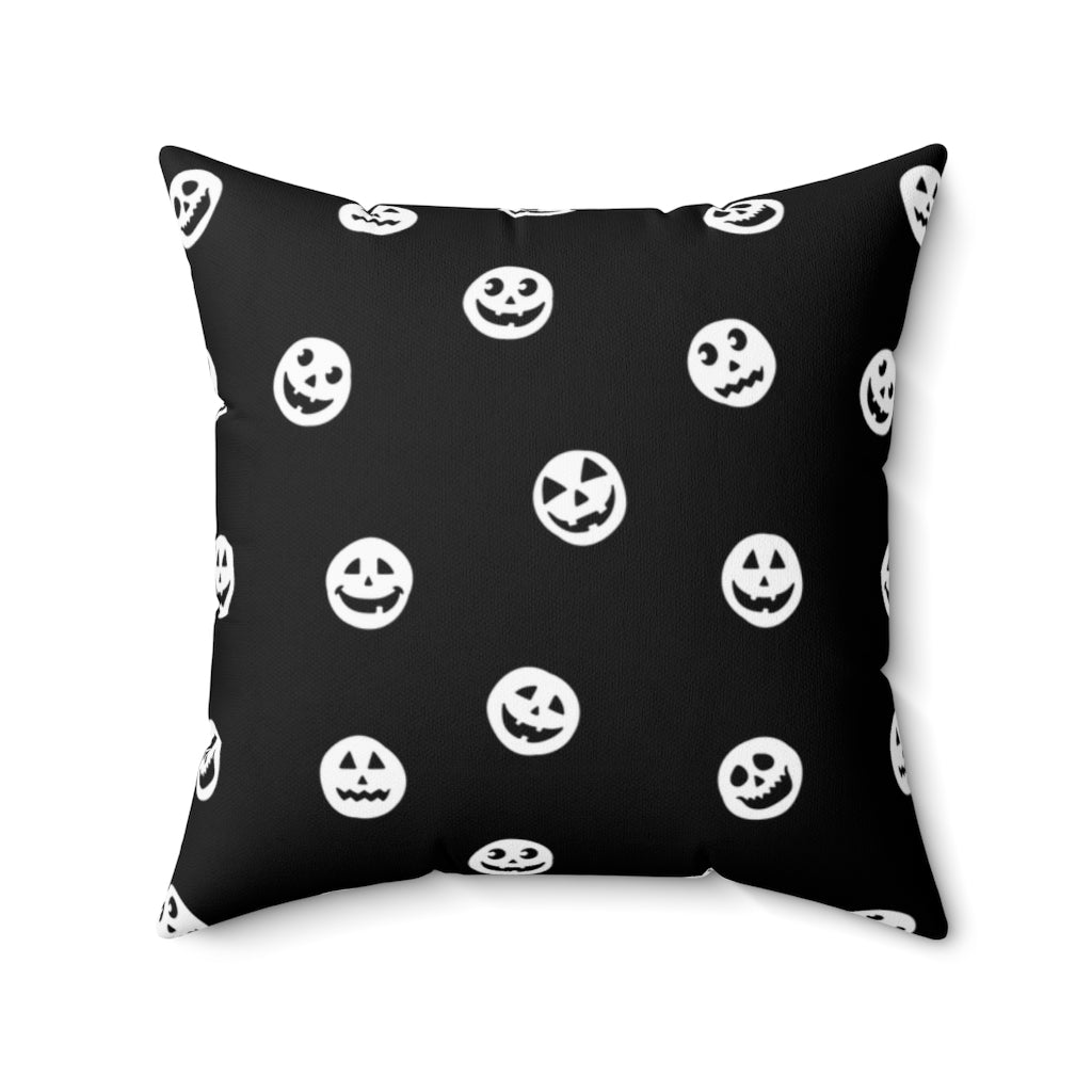 Halloween-themed graphic pillow cover featuring vibrant designs like jack-o-lanterns, spooky cats, skeletons, and skulls, made from soft spun polyester for festive seasonal decor.
