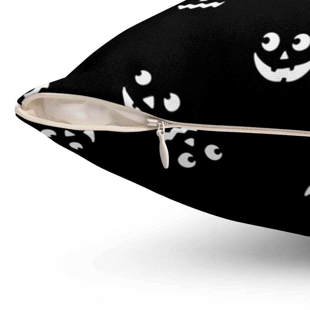 Halloween-themed graphic pillow cover featuring vibrant designs like jack-o-lanterns, spooky cats, skeletons, and skulls, made from soft spun polyester for festive seasonal decor.
