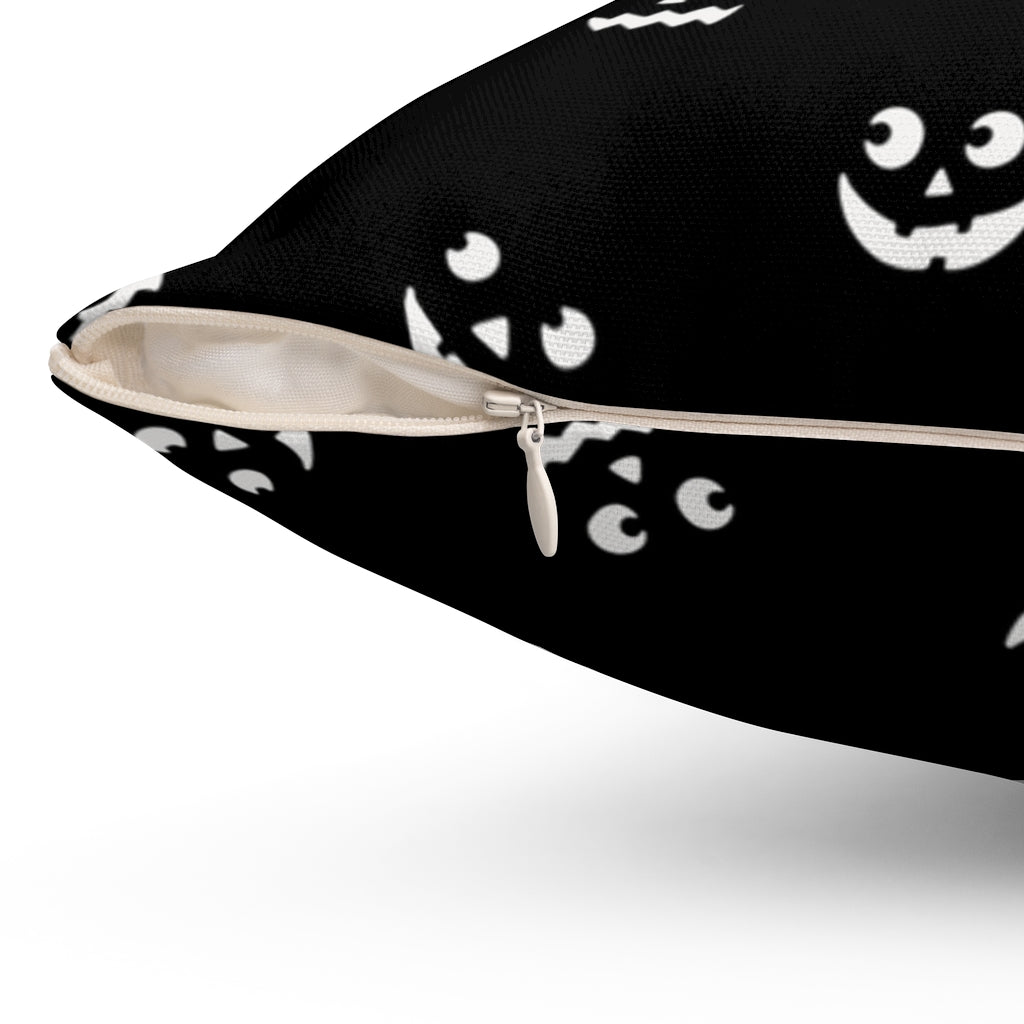 Halloween-themed graphic pillow cover featuring vibrant designs like jack-o-lanterns, spooky cats, skeletons, and skulls, made from soft spun polyester for festive seasonal decor.