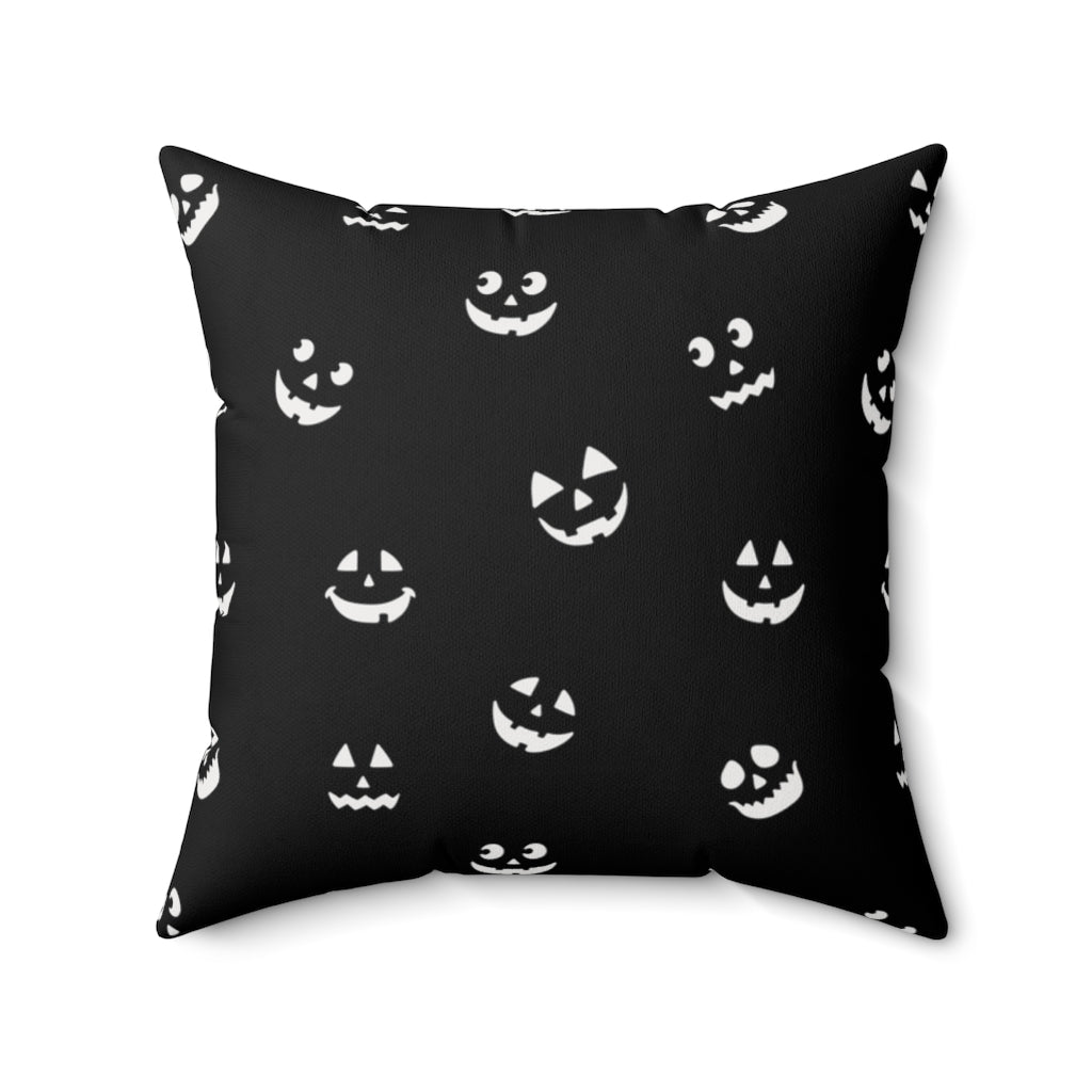 Halloween-themed graphic pillow cover featuring vibrant designs like jack-o-lanterns, spooky cats, skeletons, and skulls, made from soft spun polyester for festive seasonal decor.