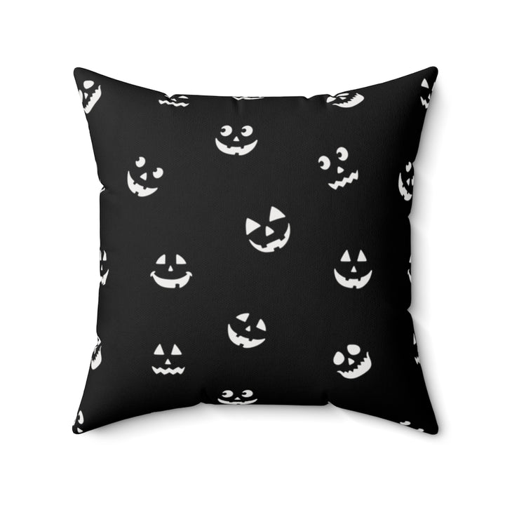 Halloween-themed graphic pillow cover featuring vibrant designs like jack-o-lanterns, spooky cats, skeletons, and skulls, made from soft spun polyester for festive seasonal decor.