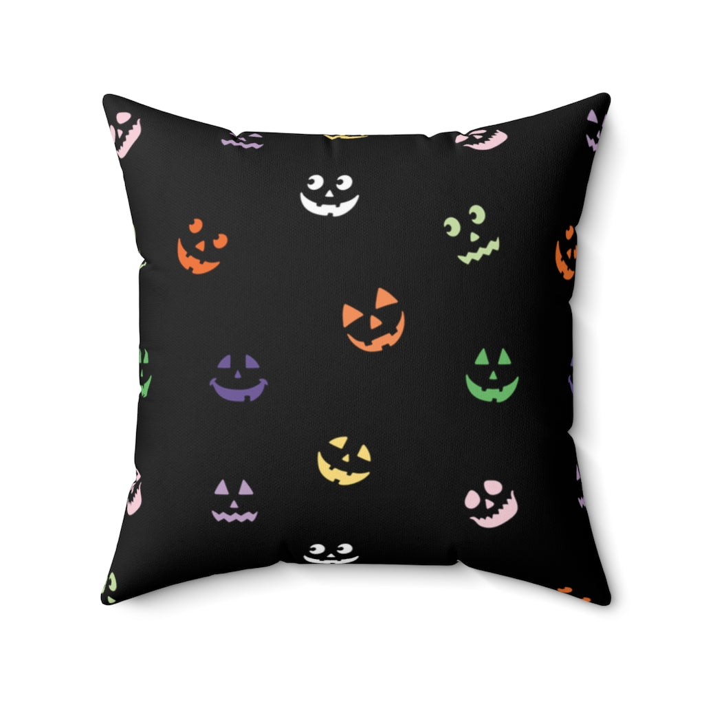 Halloween-themed graphic pillow cover featuring vibrant designs like jack-o-lanterns, spooky cats, skeletons, and skulls, made from soft spun polyester for festive seasonal decor.